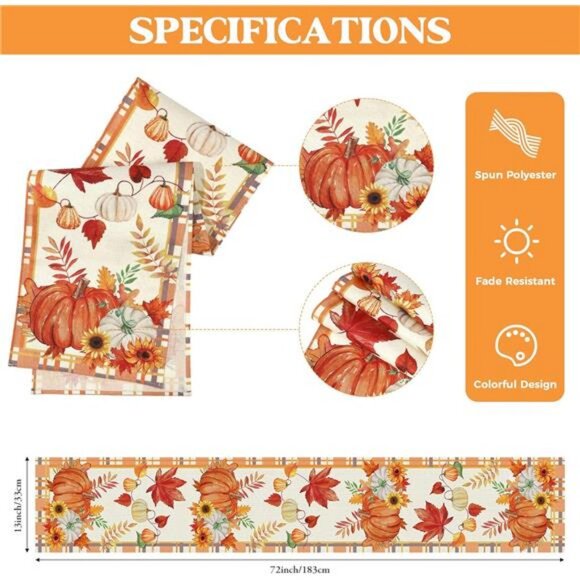 Fall Table Runner, Plaid Pumpkin Maple Leaves Table Runners for Autumn Harvest - Picture 5 of 7